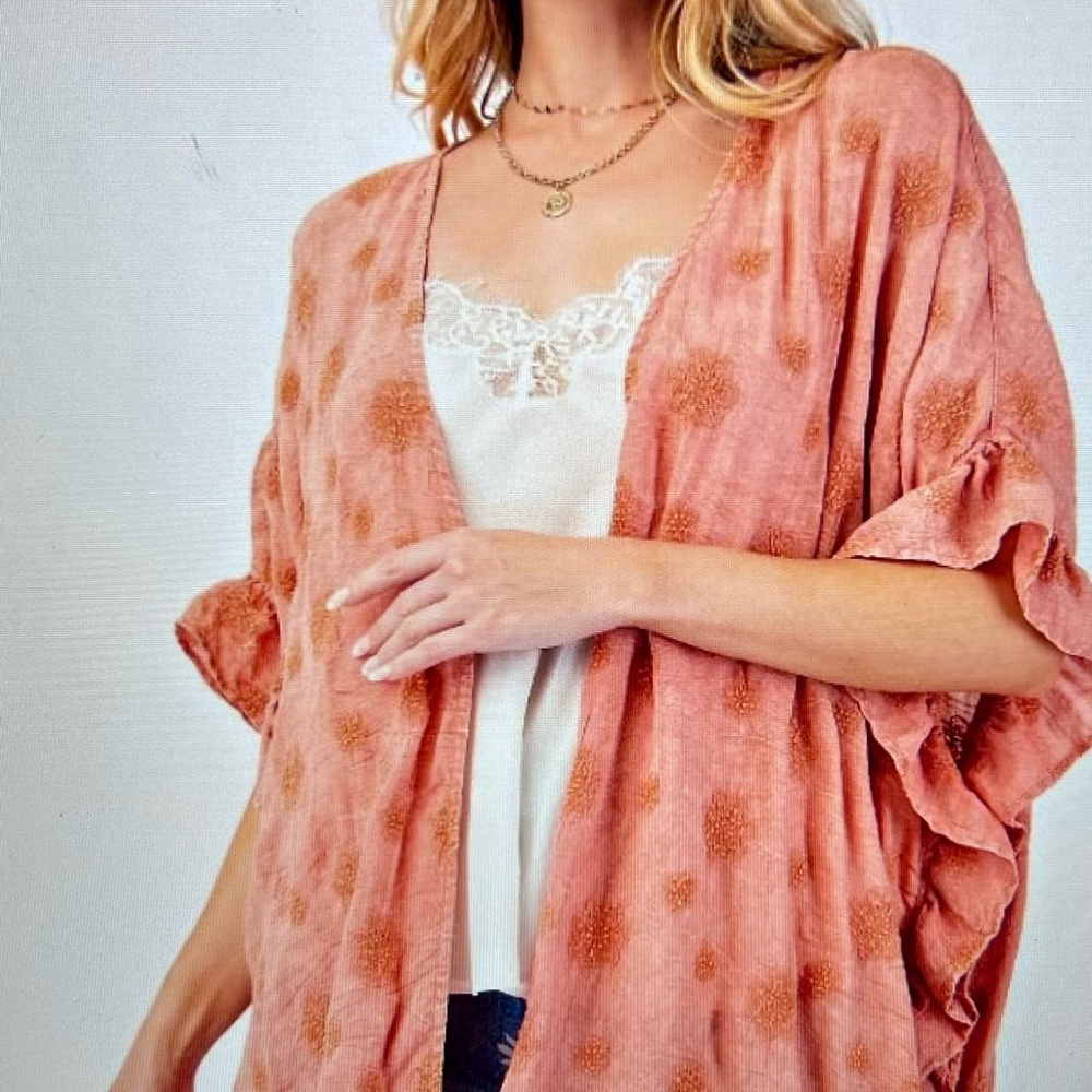 Easel Coral Oversized Short Sleeve Kimono-Plus Size